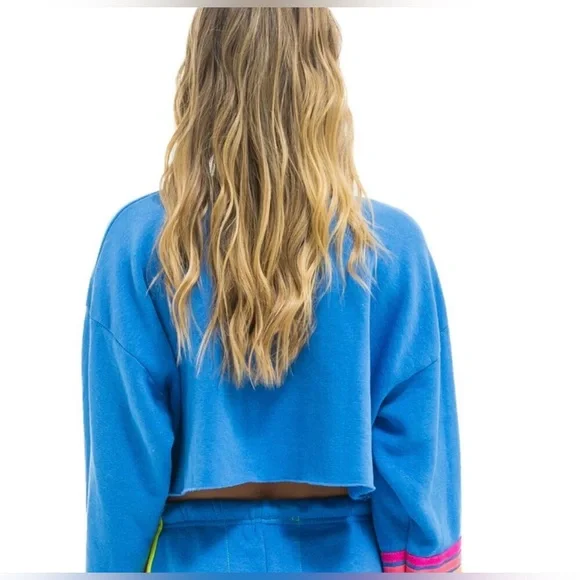 NWT Aviator Nation | RUGBY CROPPED CREW SWEATSHIRT | Cobalt/ Neon | Size S - Picture 3 of 8
